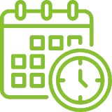 Zielona ikona kalendarza z zegarem, odnosząca się do planowania i harmonogramowania.